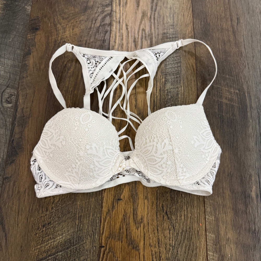 Victorias Secret Very Sexy Push Up Bra 32B White Lace Front Close Racerback